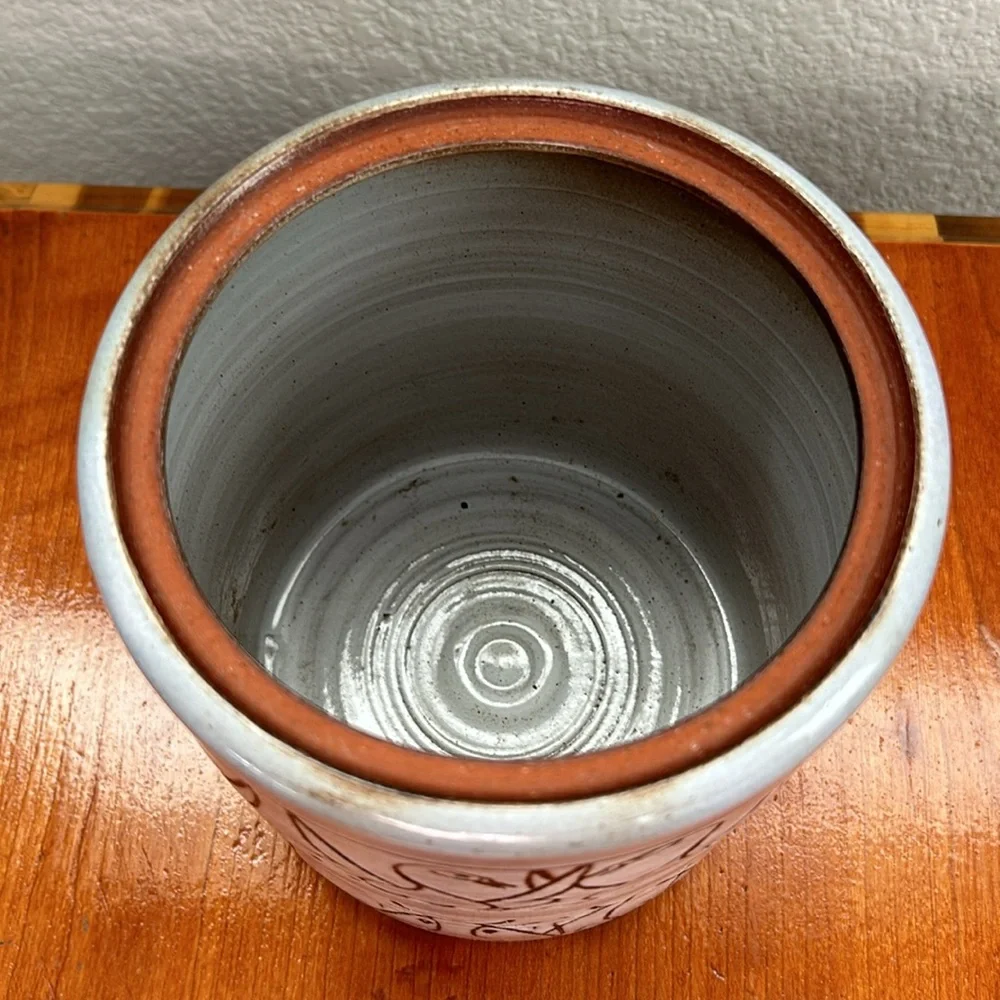 Sills Artist Signed Pottery Vase  Sgraffito Design Of Swans On A Lake And Cows
